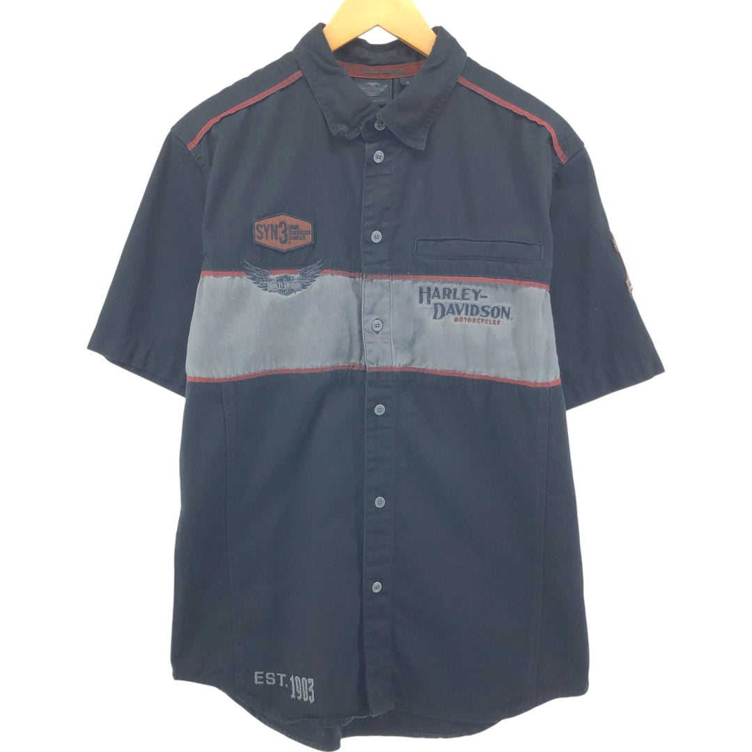 Harley-Davidson Lined Hidden Button-Down Short Sleeve Work Shirt, Men's Size M cotton black type Vintage Second Hand