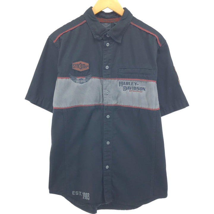 Harley-Davidson Lined Hidden Button-Down Short Sleeve Work Shirt, Men's Size M cotton black type Vintage Second Hand