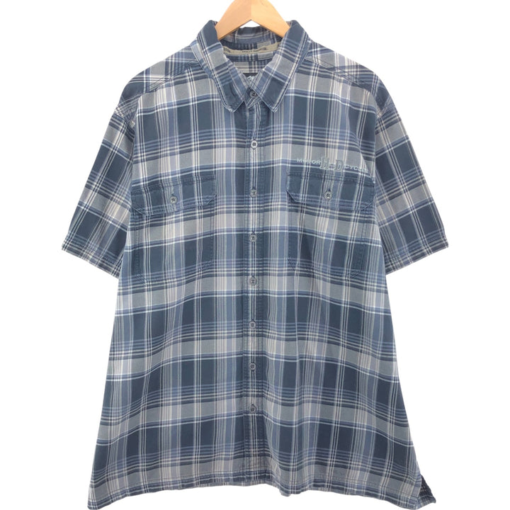 Harley Davidson Check Pattern Hidden Button Down Short Sleeve Work Shirt Big Size Box Shirt Men's XXXL cotton navy blue type Vintage Second Hand