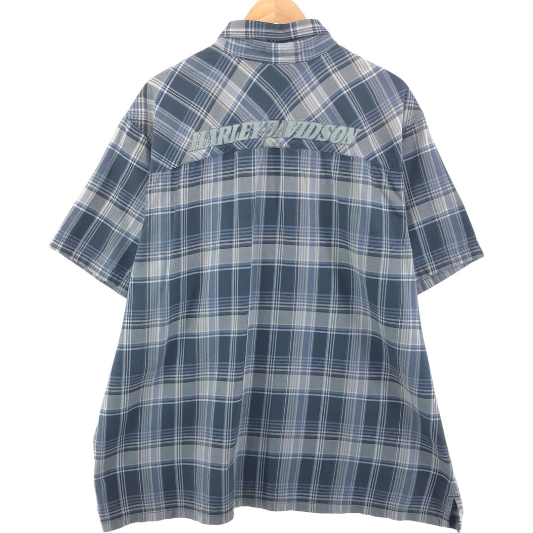 Harley Davidson Check Pattern Hidden Button Down Short Sleeve Work Shirt Big Size Box Shirt Men's XXXL cotton navy blue type Vintage Second Hand