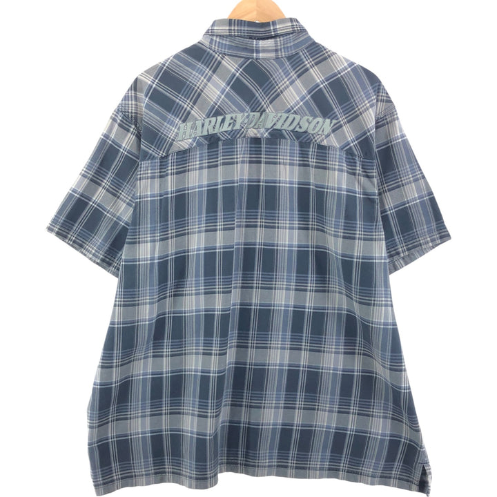 Harley Davidson Check Pattern Hidden Button Down Short Sleeve Work Shirt Big Size Box Shirt Men's XXXL cotton navy blue type Vintage Second Hand