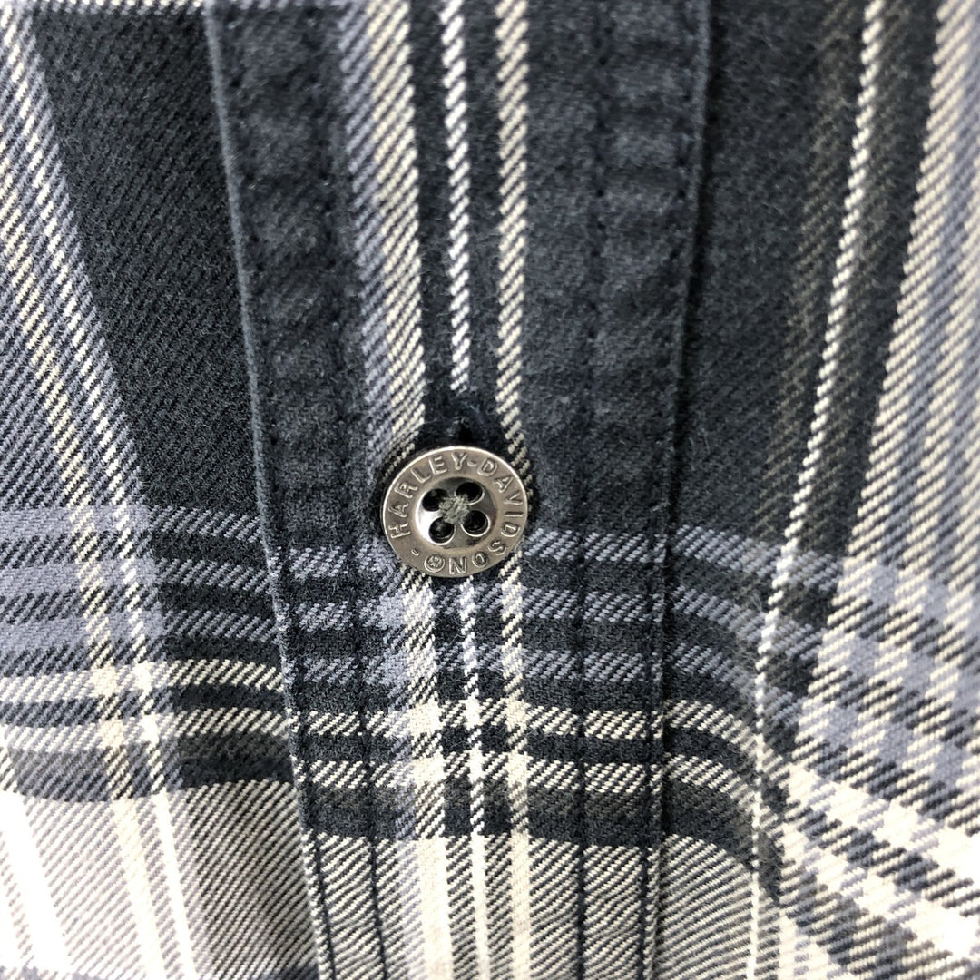 Harley Davidson Check Pattern Hidden Button Down Short Sleeve Work Shirt Big Size Box Shirt Men's XXXL cotton navy blue type Vintage Second Hand
