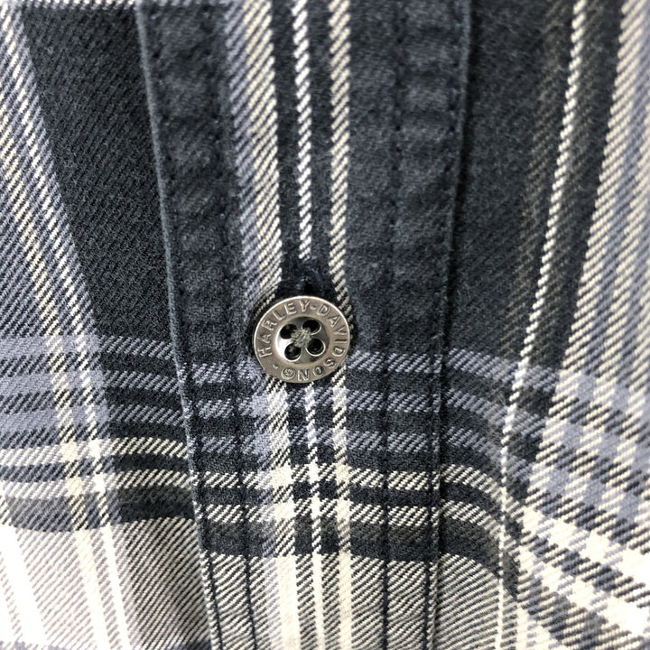 Harley Davidson Check Pattern Hidden Button Down Short Sleeve Work Shirt Big Size Box Shirt Men's XXXL cotton navy blue type Vintage Second Hand