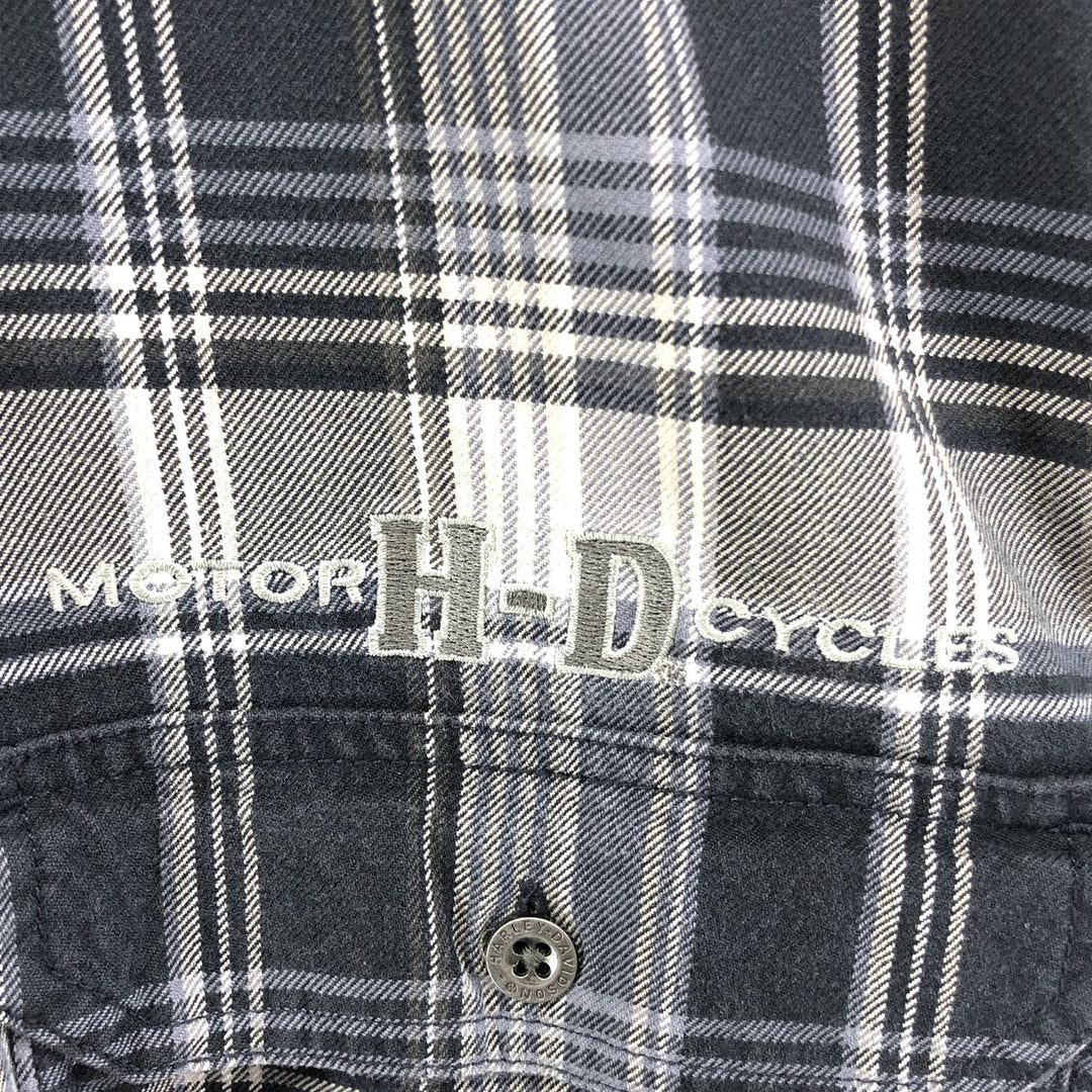 Harley Davidson Check Pattern Hidden Button Down Short Sleeve Work Shirt Big Size Box Shirt Men's XXXL cotton navy blue type Vintage Second Hand