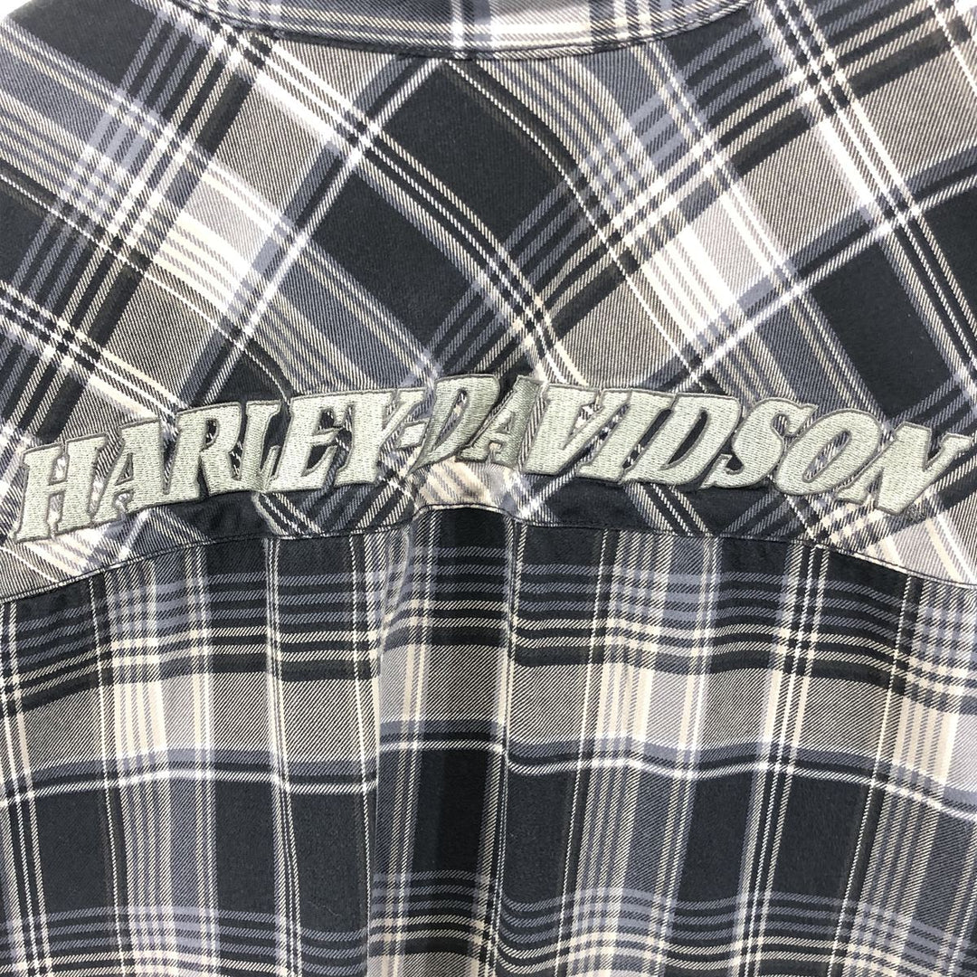 Harley Davidson Check Pattern Hidden Button Down Short Sleeve Work Shirt Big Size Box Shirt Men's XXXL cotton navy blue type Vintage Second Hand