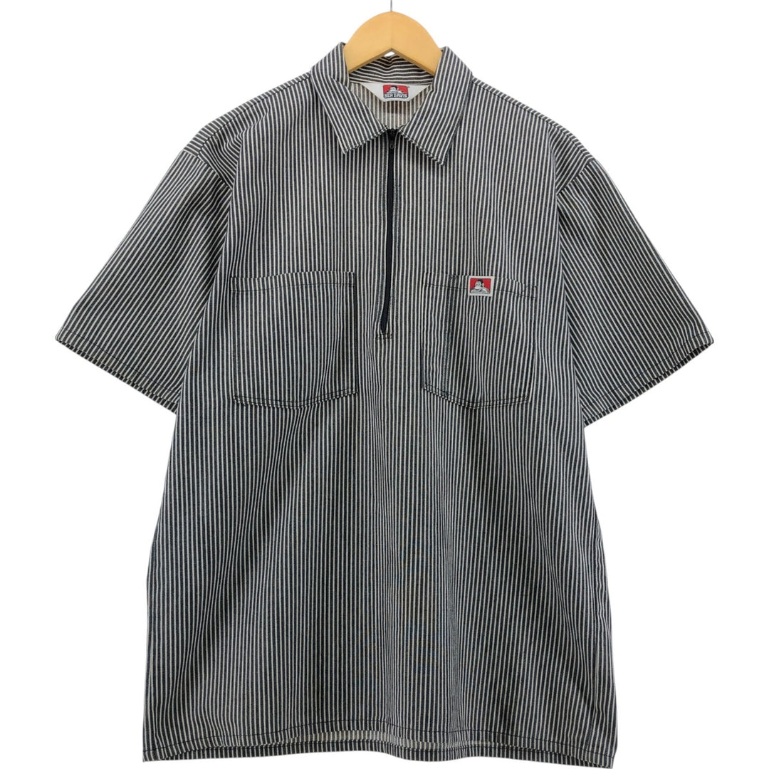 90'S Ben Davis Stripe Pattern Half Zip Short Sleeve Work Shirt Box Shirt Made in USA Men's M Size Vintage cotton black type Vintage Second Hand