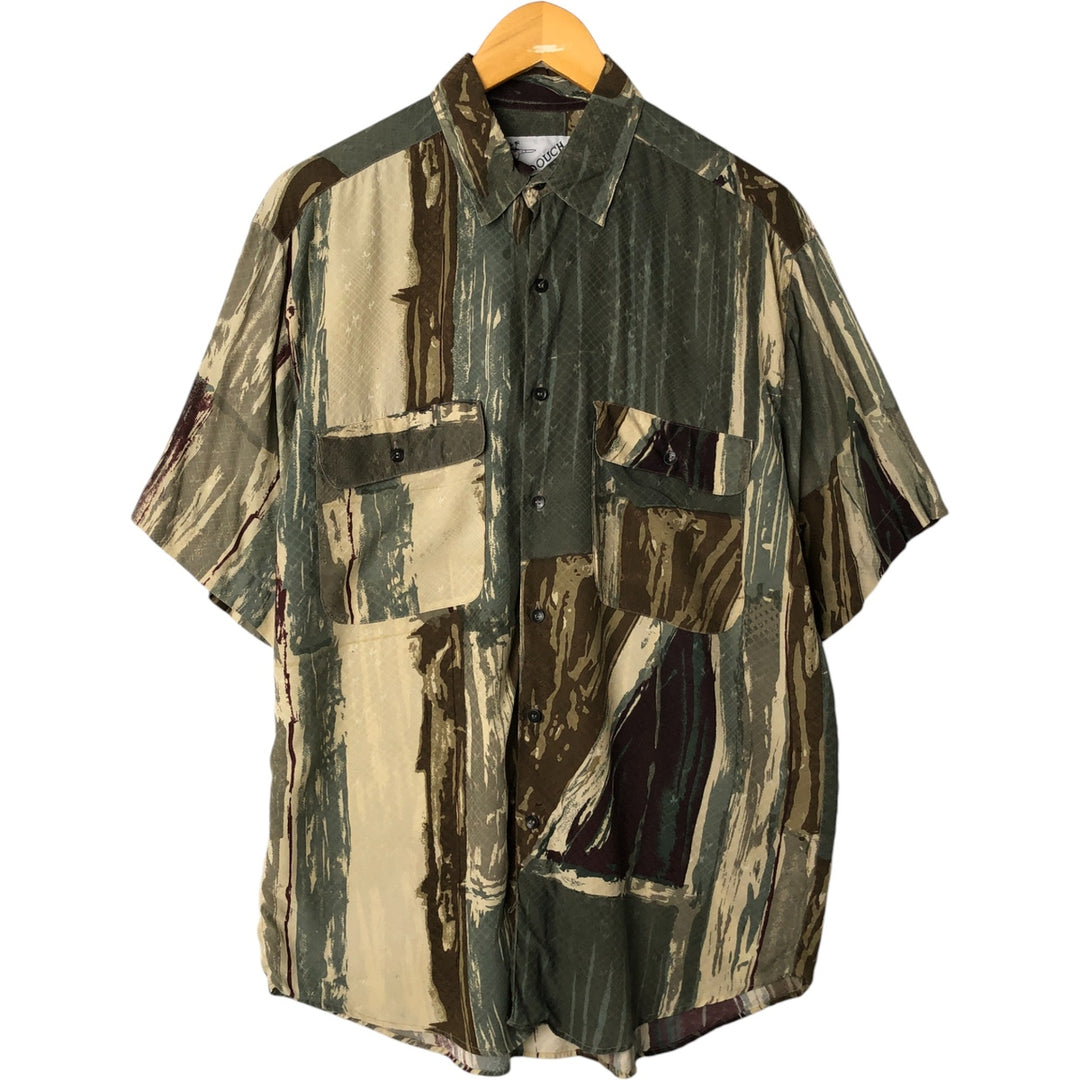 80s-90'S Gooch All-over Print Short Sleeve Silk Shirt, Men's Size S, Vintage silk Khaki type Vintage Second Hand