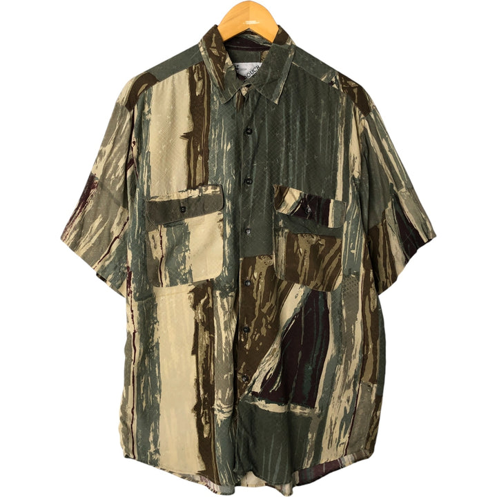 80s-90'S Gooch All-over Print Short Sleeve Silk Shirt, Men's Size S, Vintage silk Khaki type Vintage Second Hand