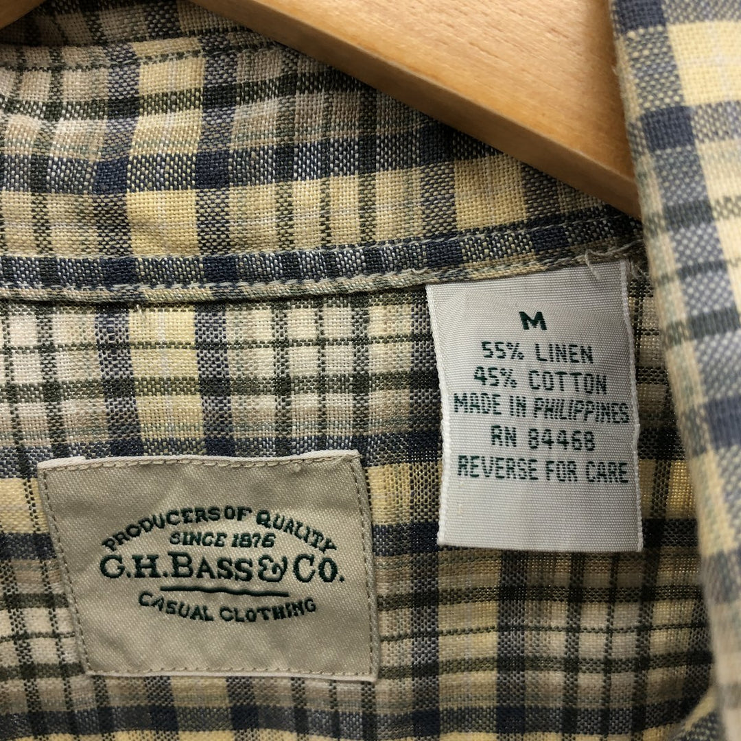 GHBass Check Pattern Short Sleeve Linen Button Down Shirt Men's M Size linen yellow type Vintage Second Hand