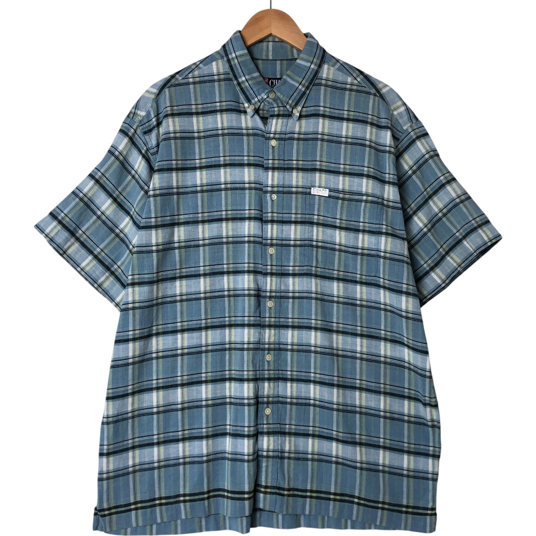90'S Ralph Lauren Chaps Check Pattern Short Sleeve Cotton x Hemp Shirt Box Shirt Men's L Size Vintage Hemp blue type Vintage Second Hand