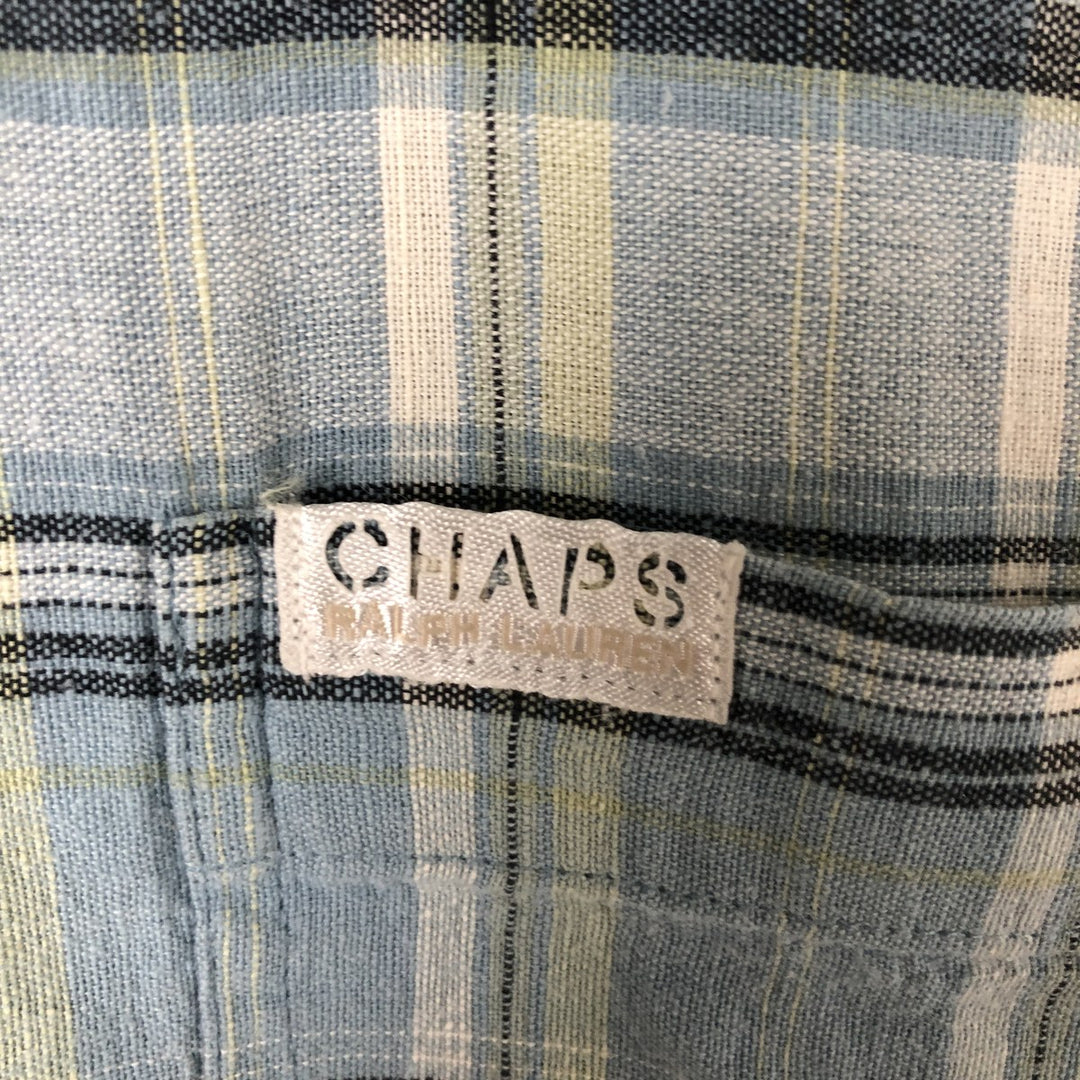 90'S Ralph Lauren Chaps Check Pattern Short Sleeve Cotton x Hemp Shirt Box Shirt Men's L Size Vintage Hemp blue type Vintage Second Hand