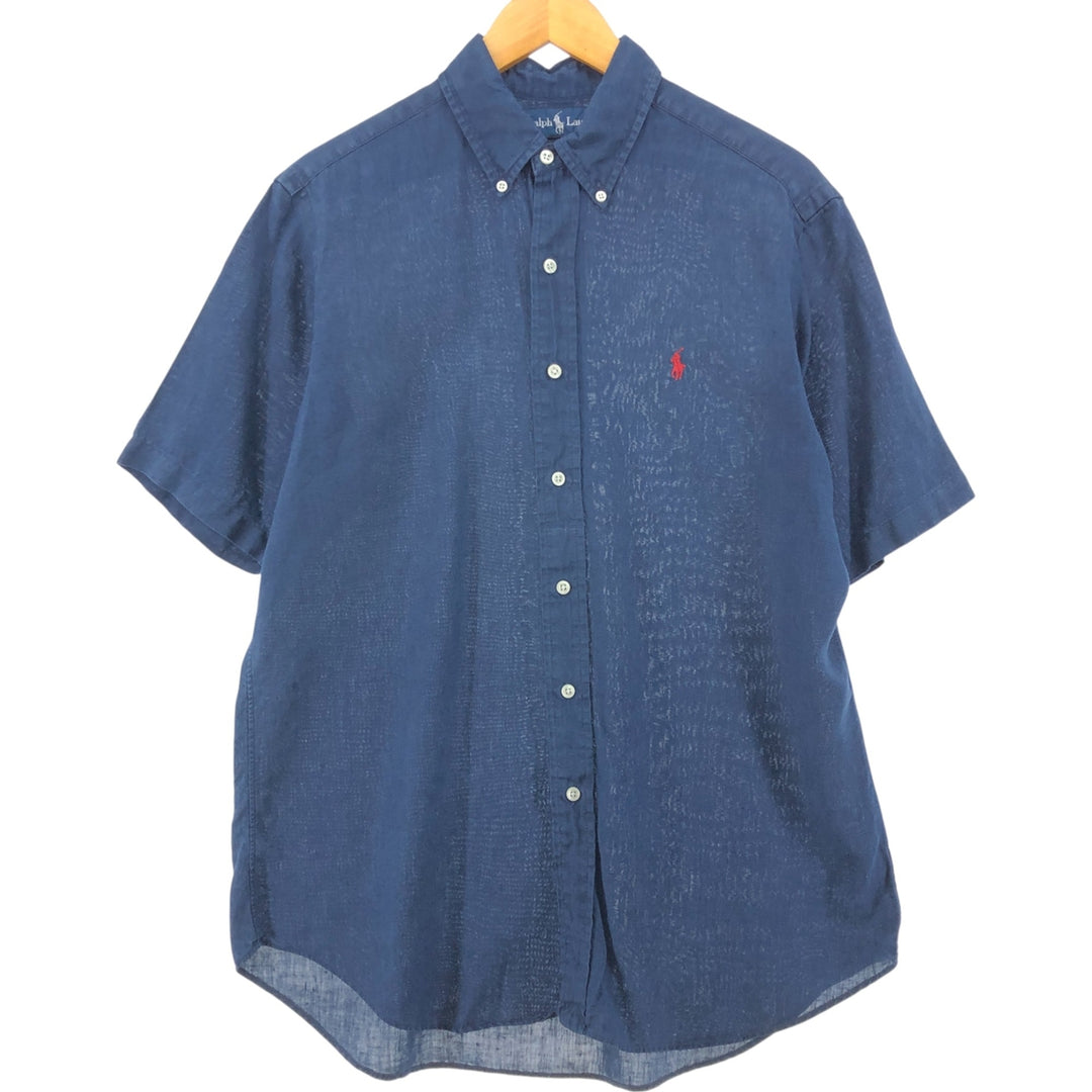 Ralph Lauren Classic Fit short sleeve linen button down shirt, men's size M linen navy blue type Vintage Second Hand