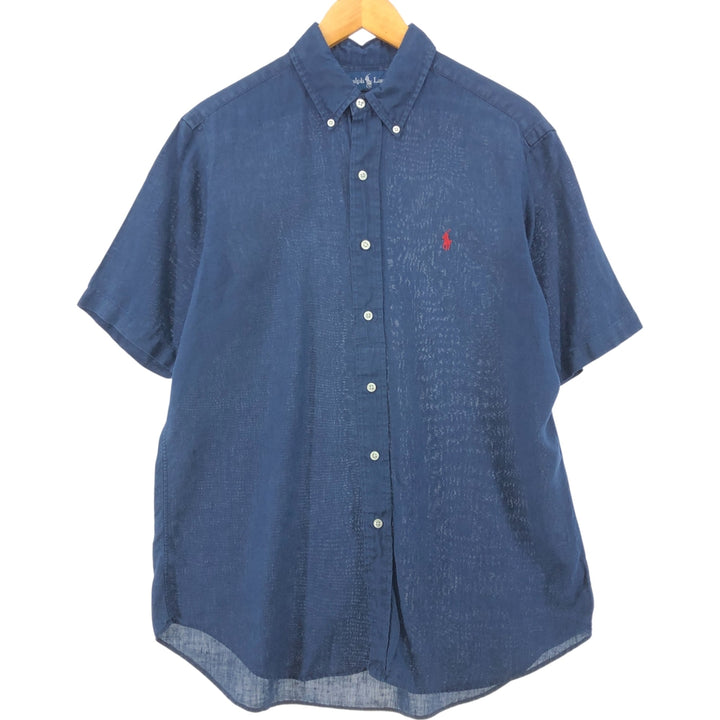 Ralph Lauren Classic Fit short sleeve linen button down shirt, men's size M linen navy blue type Vintage Second Hand