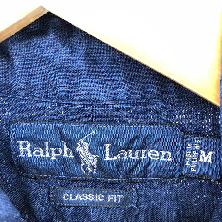 Ralph Lauren Classic Fit short sleeve linen button down shirt, men's size M linen navy blue type Vintage Second Hand