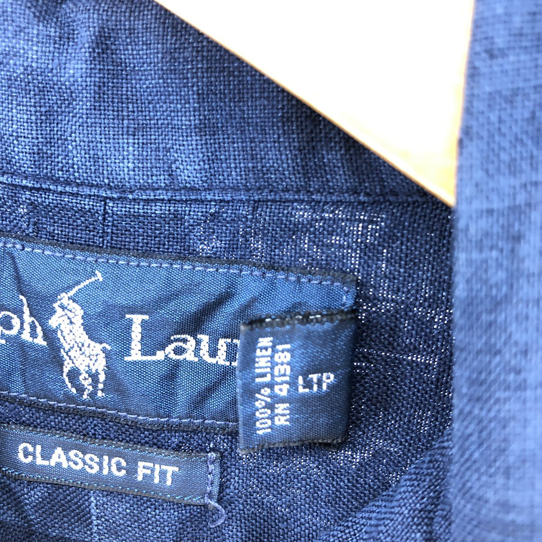 Ralph Lauren Classic Fit short sleeve linen button down shirt, men's size M linen navy blue type Vintage Second Hand