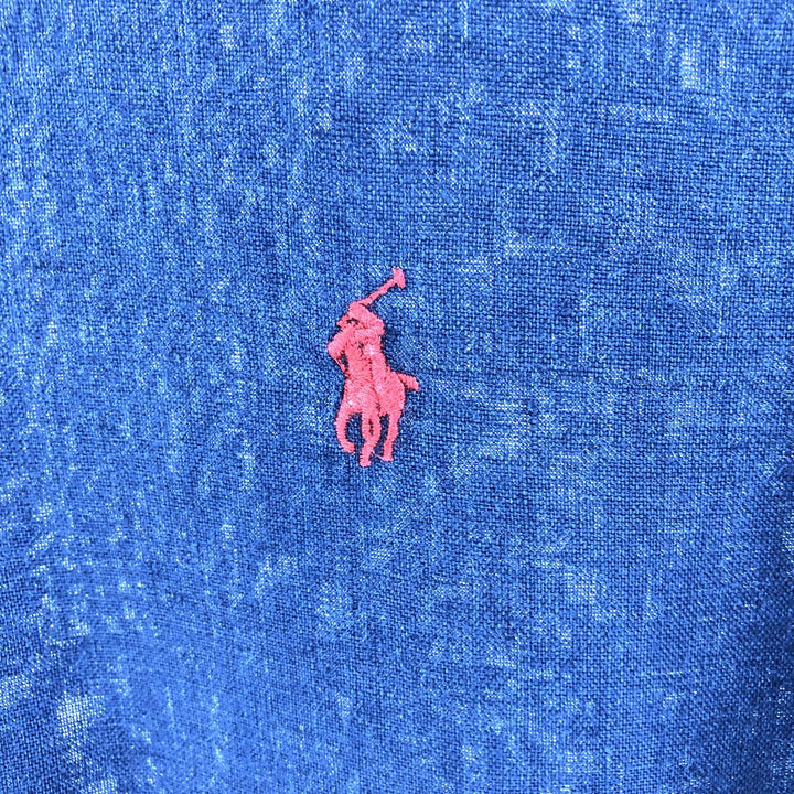 Ralph Lauren Classic Fit short sleeve linen button down shirt, men's size M linen navy blue type Vintage Second Hand