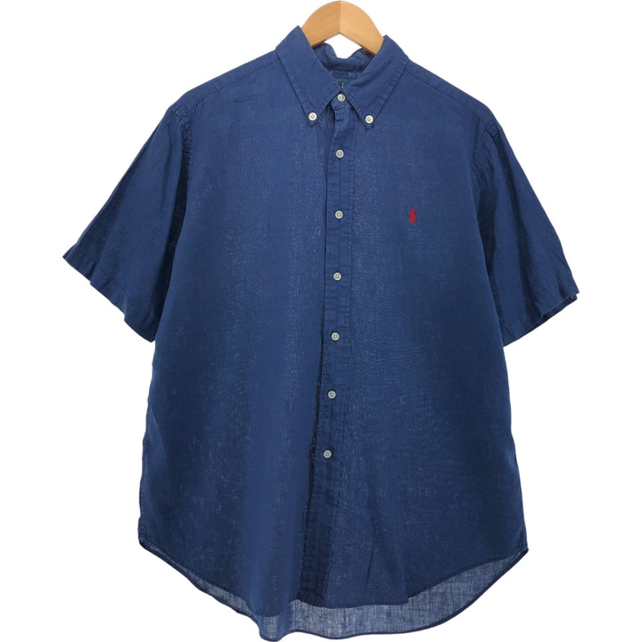 Ralph Lauren Classic Fit short sleeve linen button down shirt, men's size L linen navy blue type Vintage Second Hand
