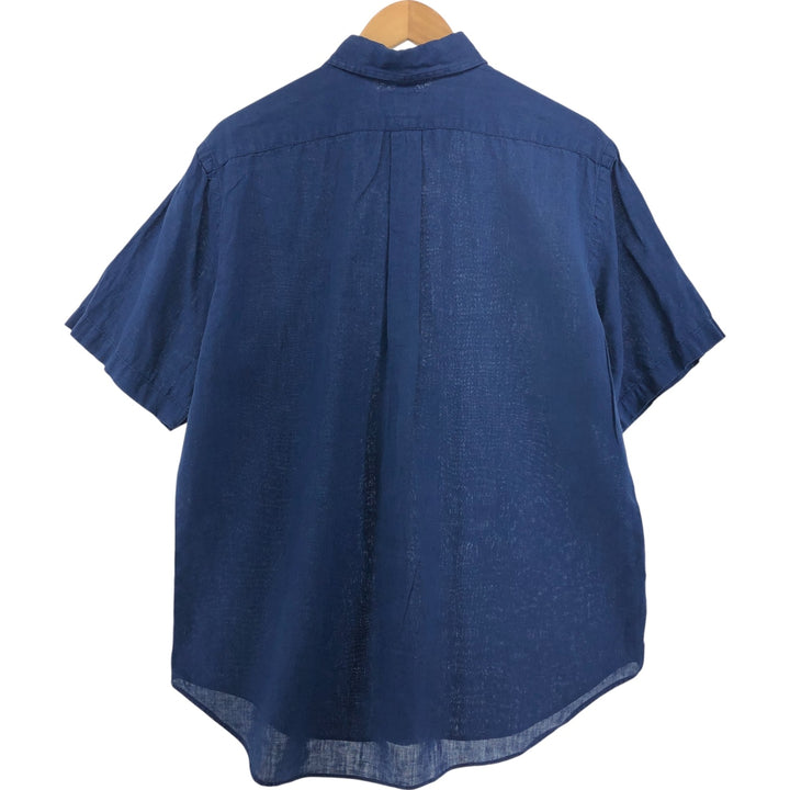 Ralph Lauren Classic Fit short sleeve linen button down shirt, men's size L linen navy blue type Vintage Second Hand