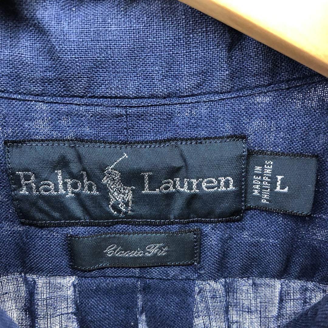 Ralph Lauren Classic Fit short sleeve linen button down shirt, men's size L linen navy blue type Vintage Second Hand