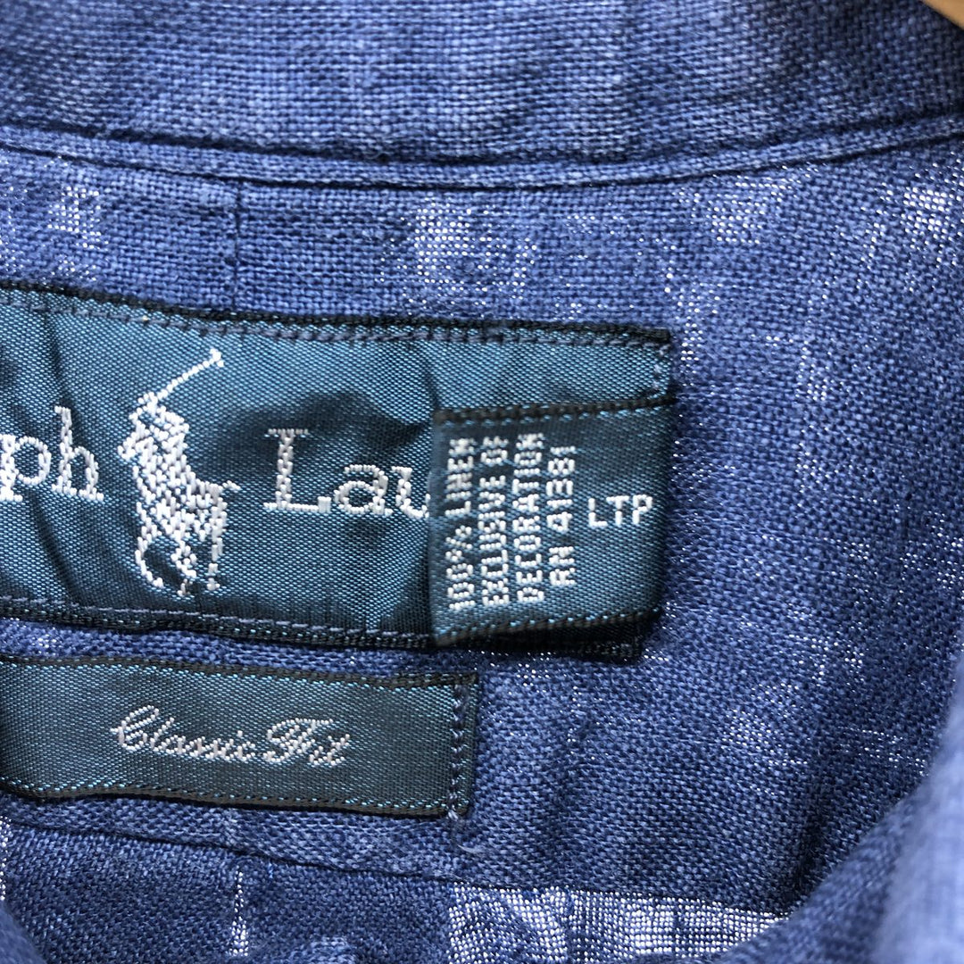 Ralph Lauren Classic Fit short sleeve linen button down shirt, men's size L linen navy blue type Vintage Second Hand