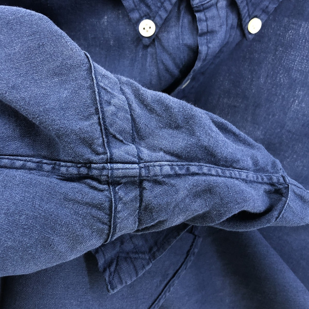 Ralph Lauren Classic Fit short sleeve linen button down shirt, men's size L linen navy blue type Vintage Second Hand