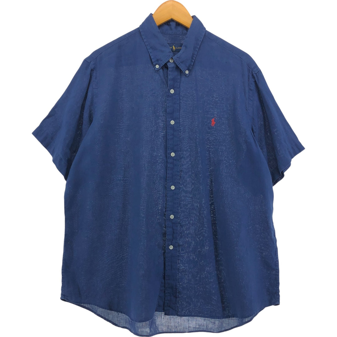 Ralph Lauren short sleeve linen button down shirt, men's size XL linen navy blue type Vintage Second Hand