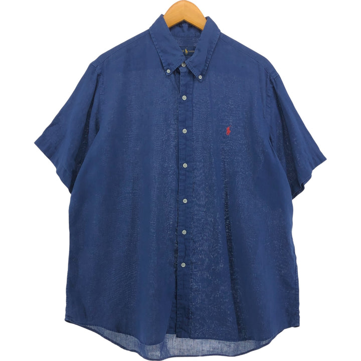 Ralph Lauren short sleeve linen button down shirt, men's size XL linen navy blue type Vintage Second Hand