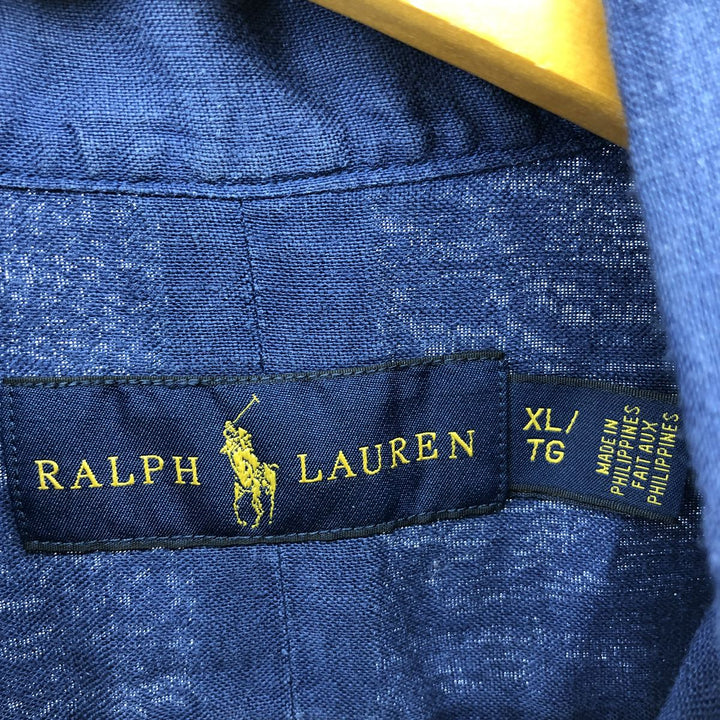 Ralph Lauren short sleeve linen button down shirt, men's size XL linen navy blue type Vintage Second Hand