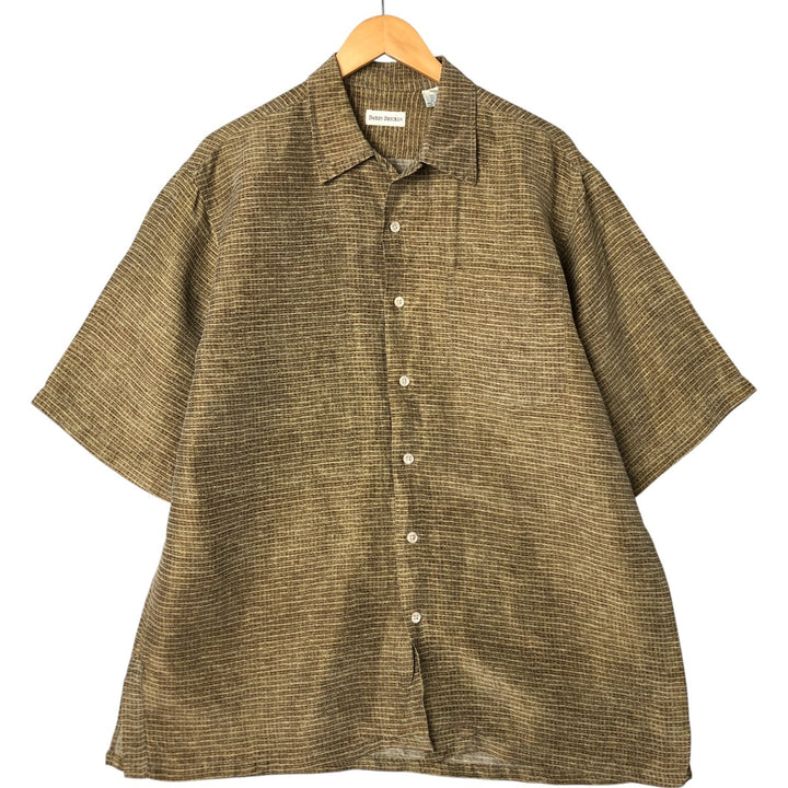 BARRY BRICKEN All-over print short-sleeve open-collar linen shirt, box shirt, men's size L linen green type yellow green Vintage Second Hand