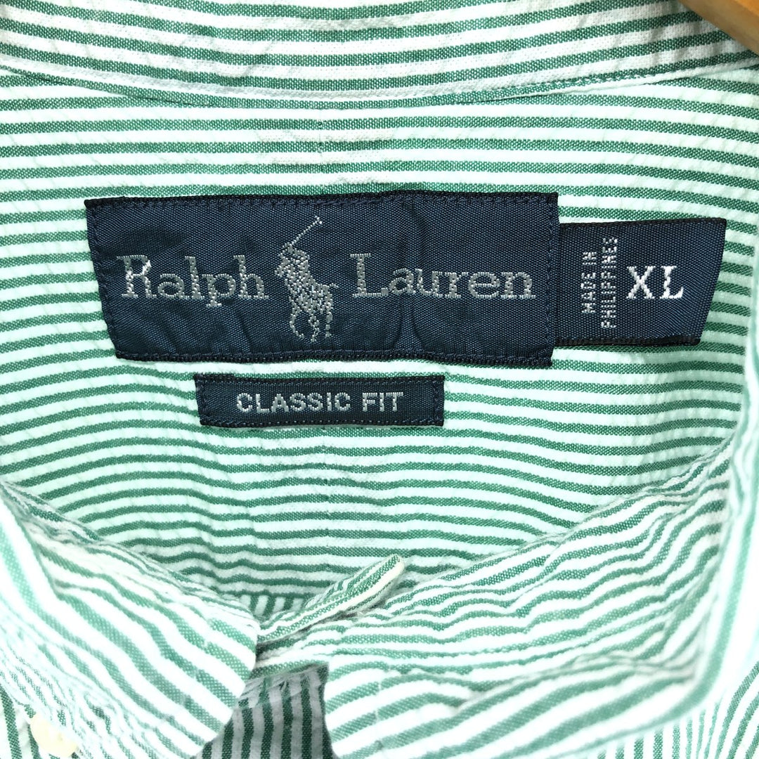 Ralph Lauren Classic Fit Seersucker Short Sleeve Button Down Striped Shirt Men's XL cotton green type Vintage Second Hand