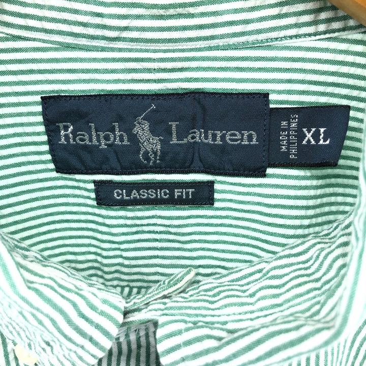 Ralph Lauren Classic Fit Seersucker Short Sleeve Button Down Striped Shirt Men's XL cotton green type Vintage Second Hand