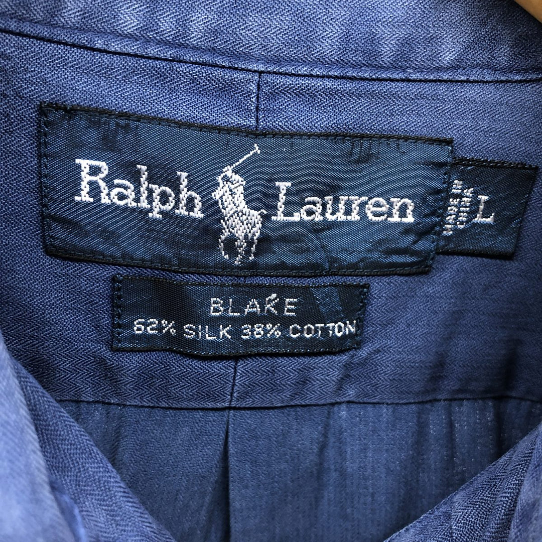 Ralph Lauren BLAKE button-down short-sleeve silk shirt, size L for men silk navy blue type Vintage Second Hand