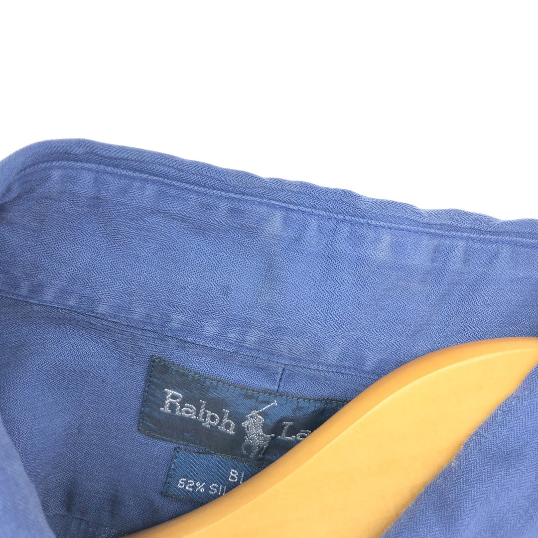 Ralph Lauren BLAKE button-down short-sleeve silk shirt, size L for men silk navy blue type Vintage Second Hand