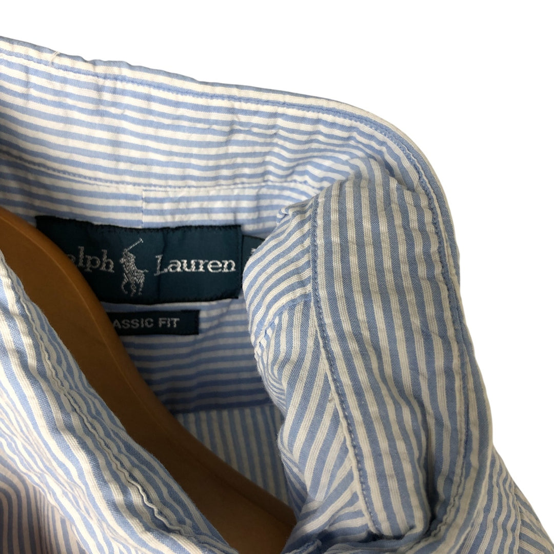Ralph Lauren Classic Fit Seersucker Short Sleeve Button Down Striped Shirt Men's XL cotton Blue type light blue Vintage Second Hand
