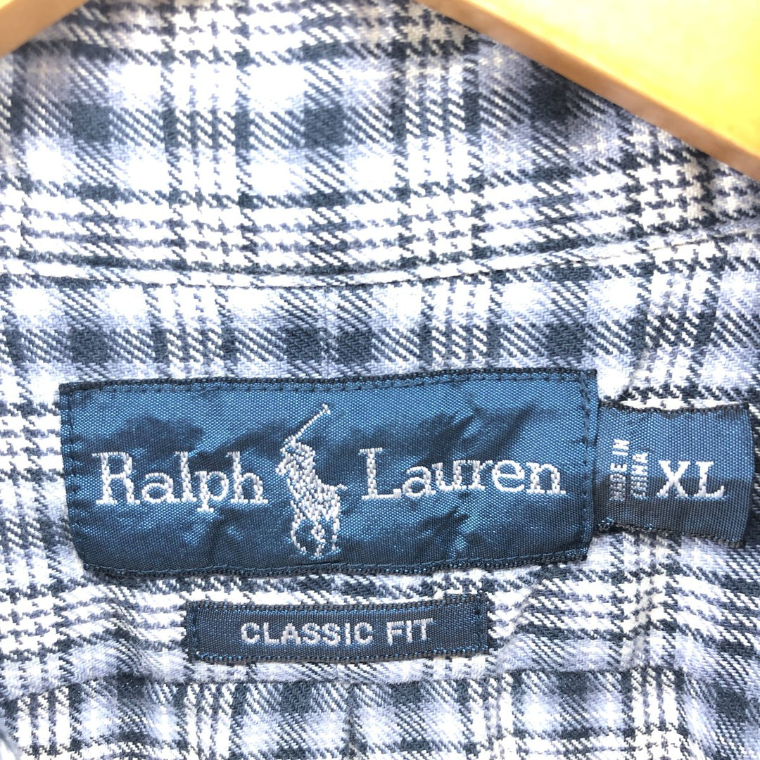 Ralph Lauren Classic Fit Long Sleeve Button Down Light Flannel Check Shirt Men's XL cotton navy blue type Vintage Second Hand