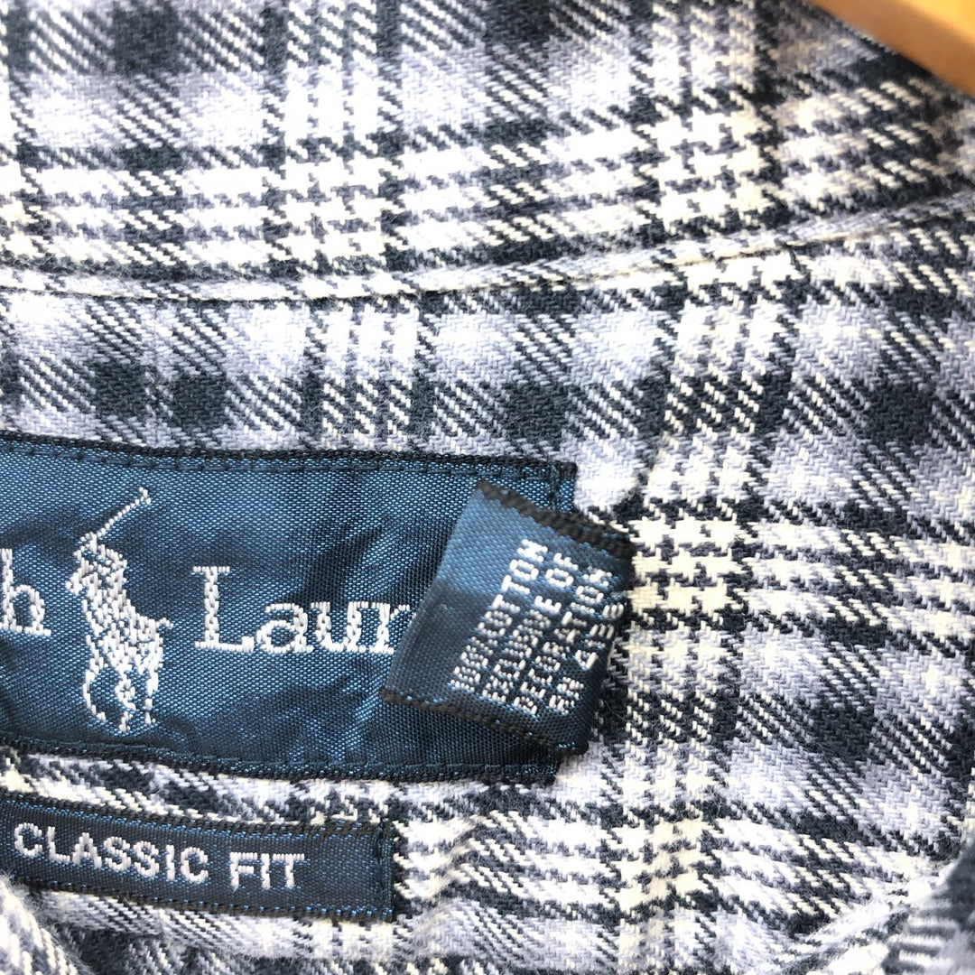 Ralph Lauren Classic Fit Long Sleeve Button Down Light Flannel Check Shirt Men's XL cotton navy blue type Vintage Second Hand