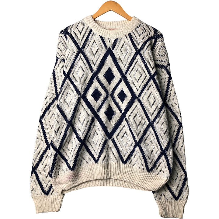 THE FOX COLLECTION Diamond Pattern Cotton Knit Sweater Made in USA Men's XL cotton white type Vintage Second Hand