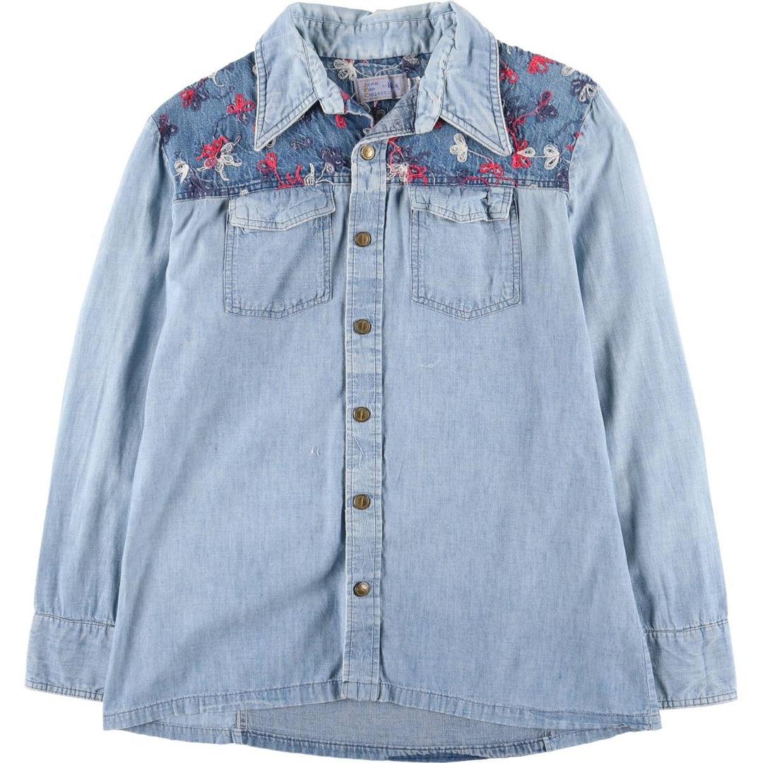 70'S HIS open collar long sleeve denim shirt box shirt made in USA women's size L vintage unclear blue type Vintage Second Hand