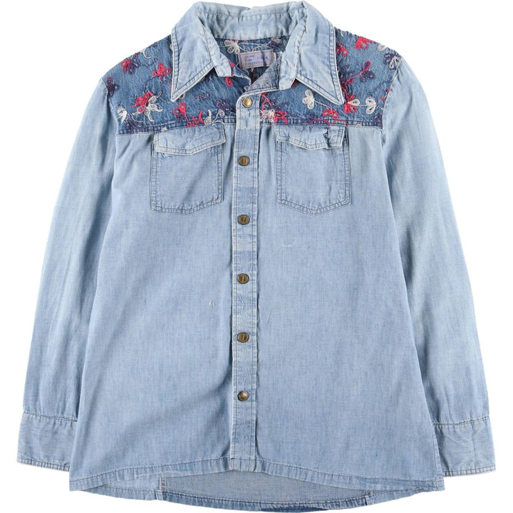 70'S HIS open collar long sleeve denim shirt box shirt made in USA women's size L vintage unclear blue type Vintage Second Hand