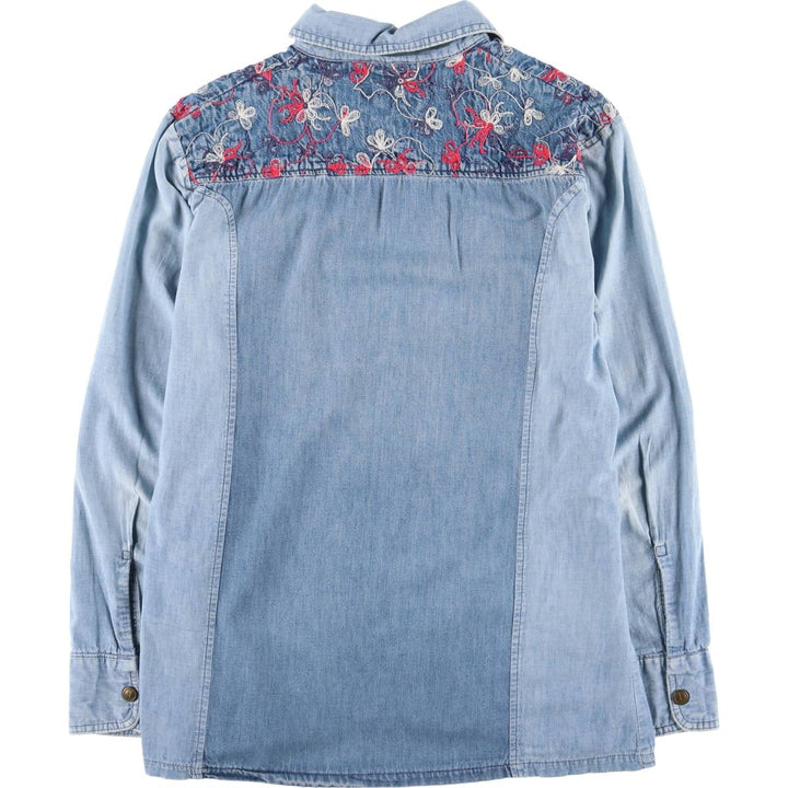 70'S HIS open collar long sleeve denim shirt box shirt made in USA women's size L vintage unclear blue type Vintage Second Hand