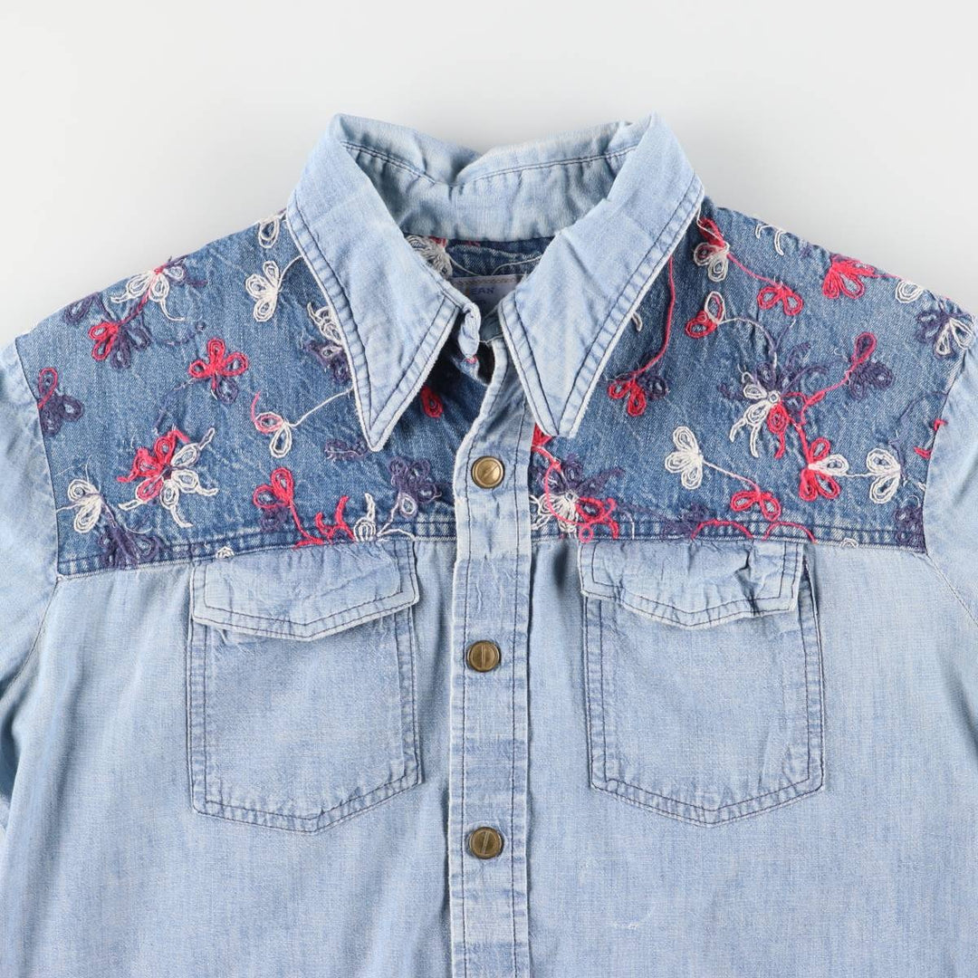 70'S HIS open collar long sleeve denim shirt box shirt made in USA women's size L vintage unclear blue type Vintage Second Hand
