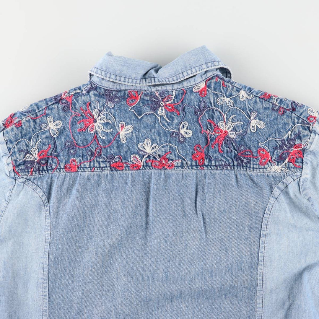 70'S HIS open collar long sleeve denim shirt box shirt made in USA women's size L vintage unclear blue type Vintage Second Hand