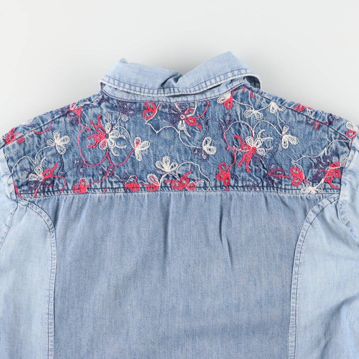 70'S HIS open collar long sleeve denim shirt box shirt made in USA women's size L vintage unclear blue type Vintage Second Hand