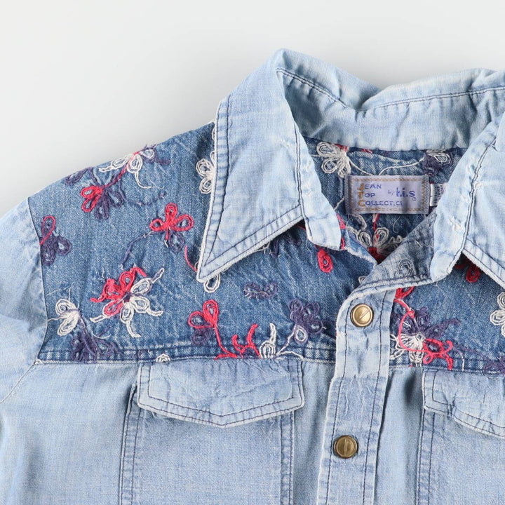 70'S HIS open collar long sleeve denim shirt box shirt made in USA women's size L vintage unclear blue type Vintage Second Hand