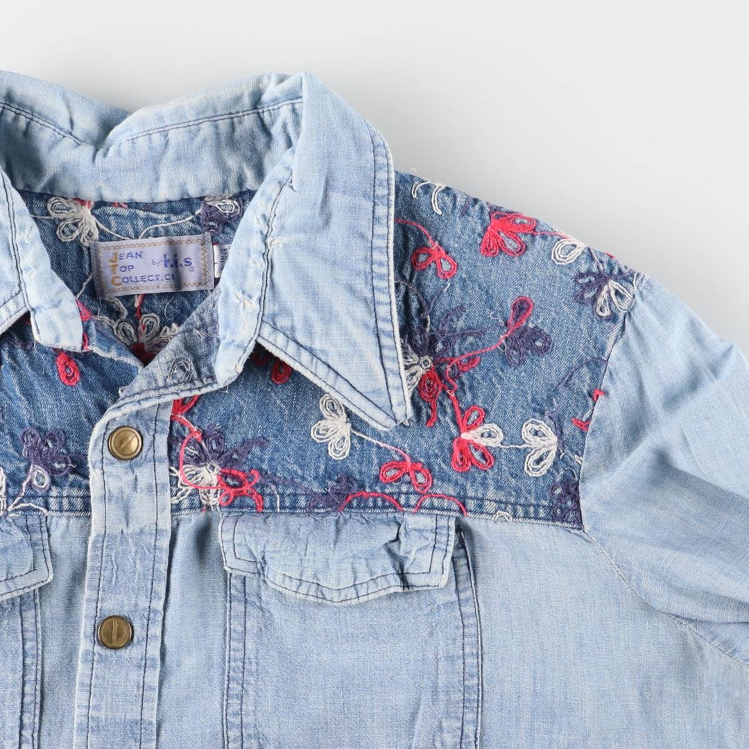 70'S HIS open collar long sleeve denim shirt box shirt made in USA women's size L vintage unclear blue type Vintage Second Hand