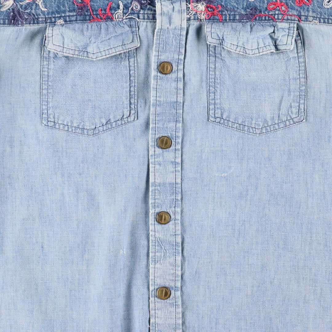 70'S HIS open collar long sleeve denim shirt box shirt made in USA women's size L vintage unclear blue type Vintage Second Hand