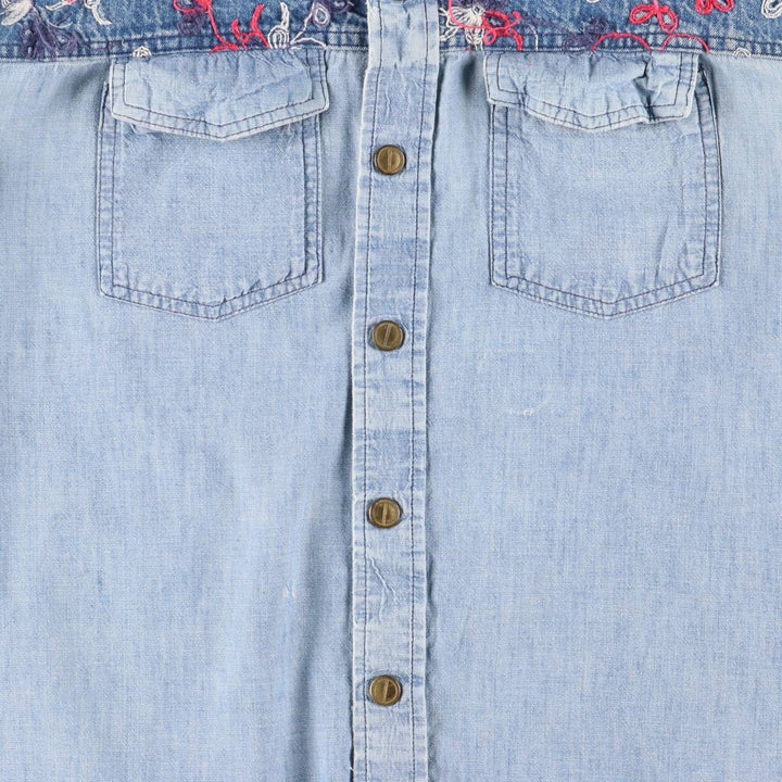 70'S HIS open collar long sleeve denim shirt box shirt made in USA women's size L vintage unclear blue type Vintage Second Hand