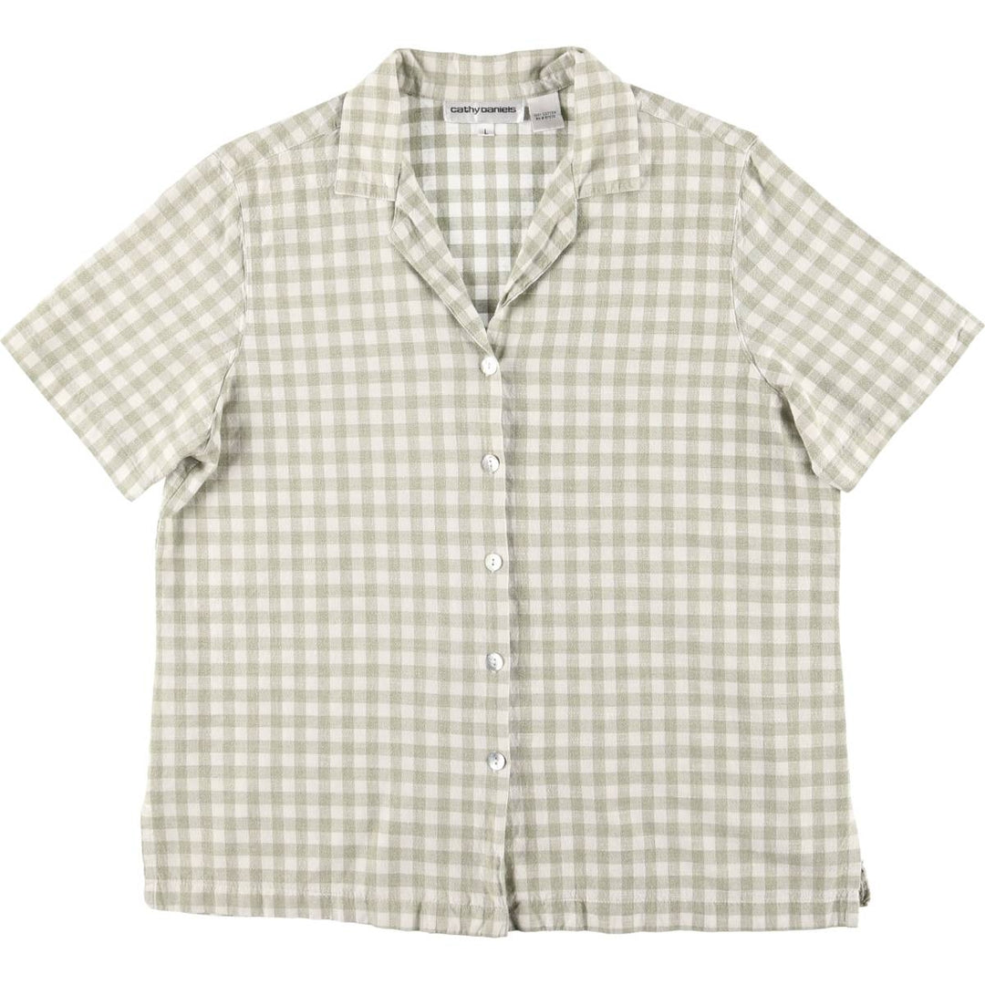 CATHY DANIELS Gingham check short sleeve open collar cotton shirt women's size L cotton white type Vintage Second Hand