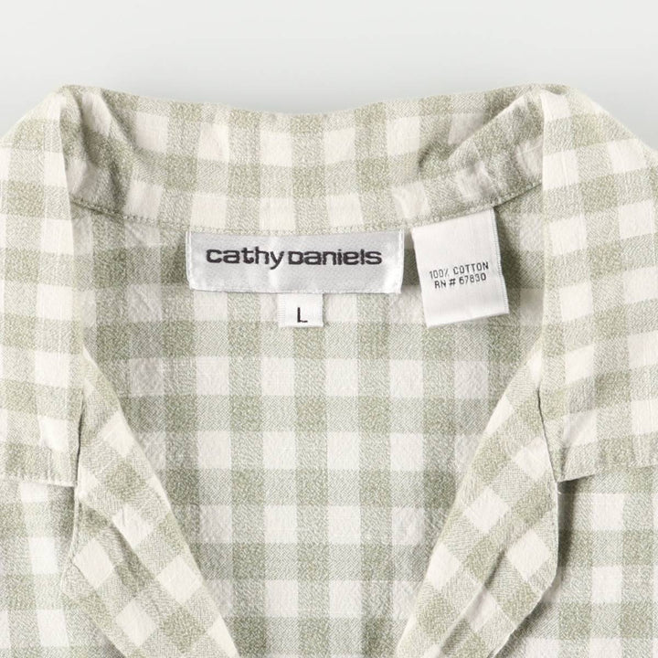 CATHY DANIELS Gingham check short sleeve open collar cotton shirt women's size L cotton white type Vintage Second Hand