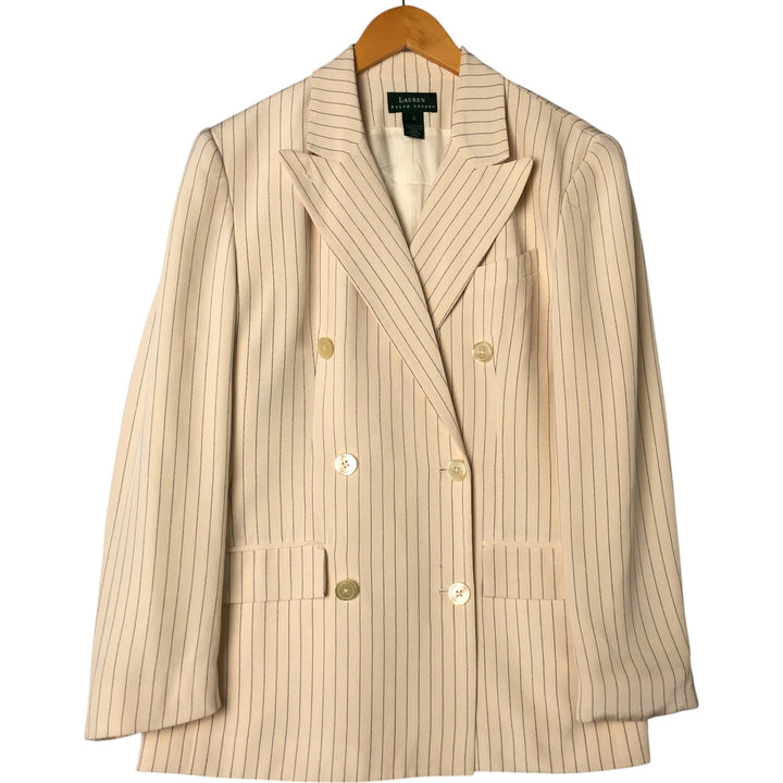 Ralph Lauren Peak Lapel Double Breasted Stripe Pattern Silk Tailored Jacket Women's Size L silk Vintage Second Hand